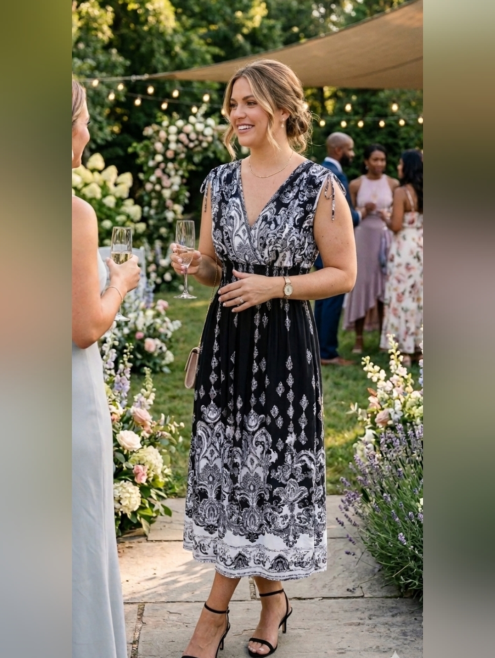 Jon & Anna Black and White Printed V-Neck Midi Dress
